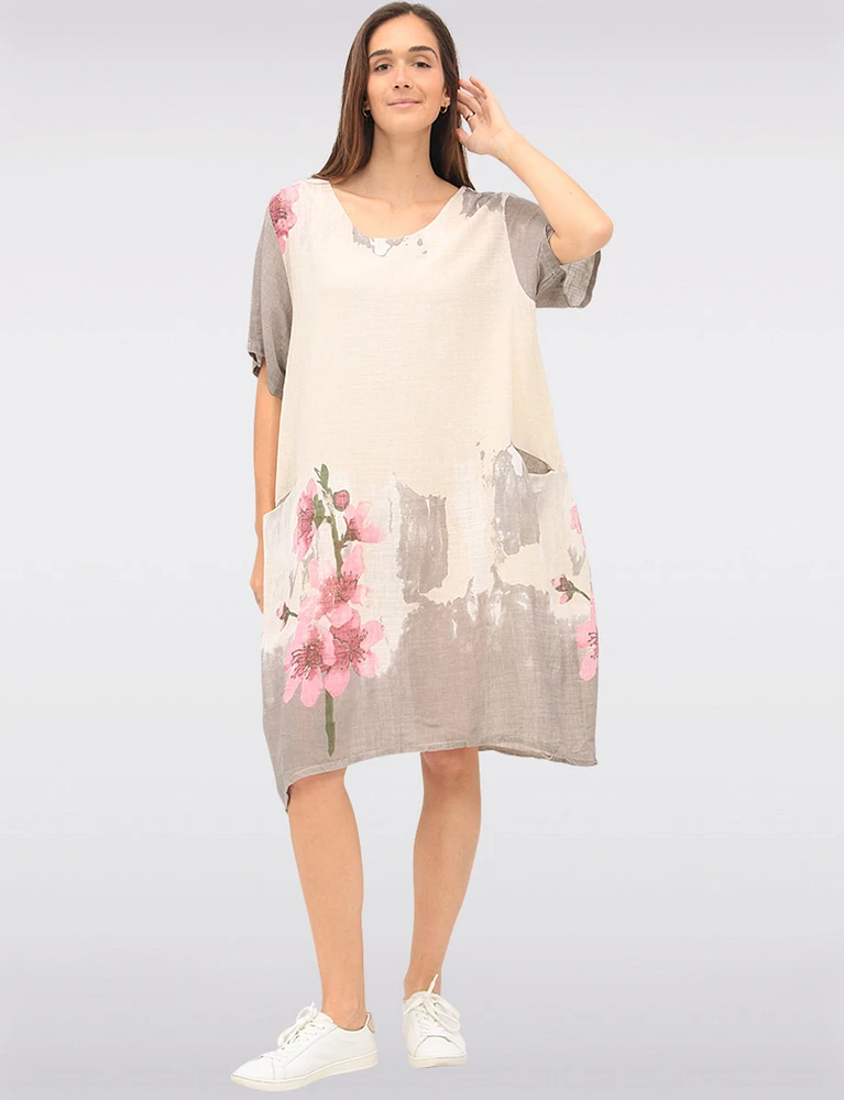 Linen Cotton Blend Floral Short Sleeve Balloon Dress With Pockets By Froccella