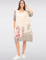 Linen Cotton Blend Floral Short Sleeve Balloon Dress With Pockets By Froccella