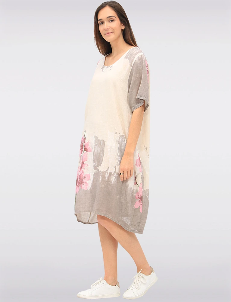 Linen Cotton Blend Floral Short Sleeve Balloon Dress With Pockets By Froccella