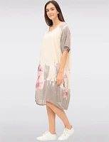 Linen Cotton Blend Floral Short Sleeve Balloon Dress With Pockets By Froccella