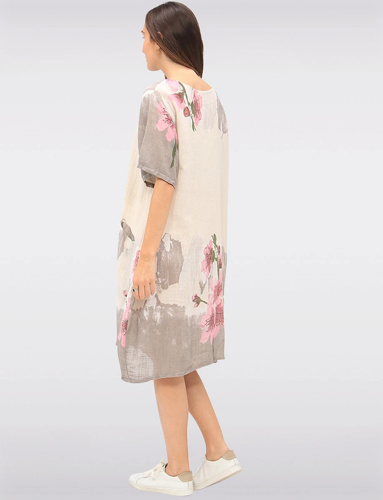 Linen Cotton Blend Floral Short Sleeve Balloon Dress With Pockets By Froccella