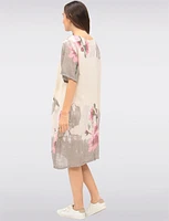Linen Cotton Blend Floral Short Sleeve Balloon Dress With Pockets By Froccella