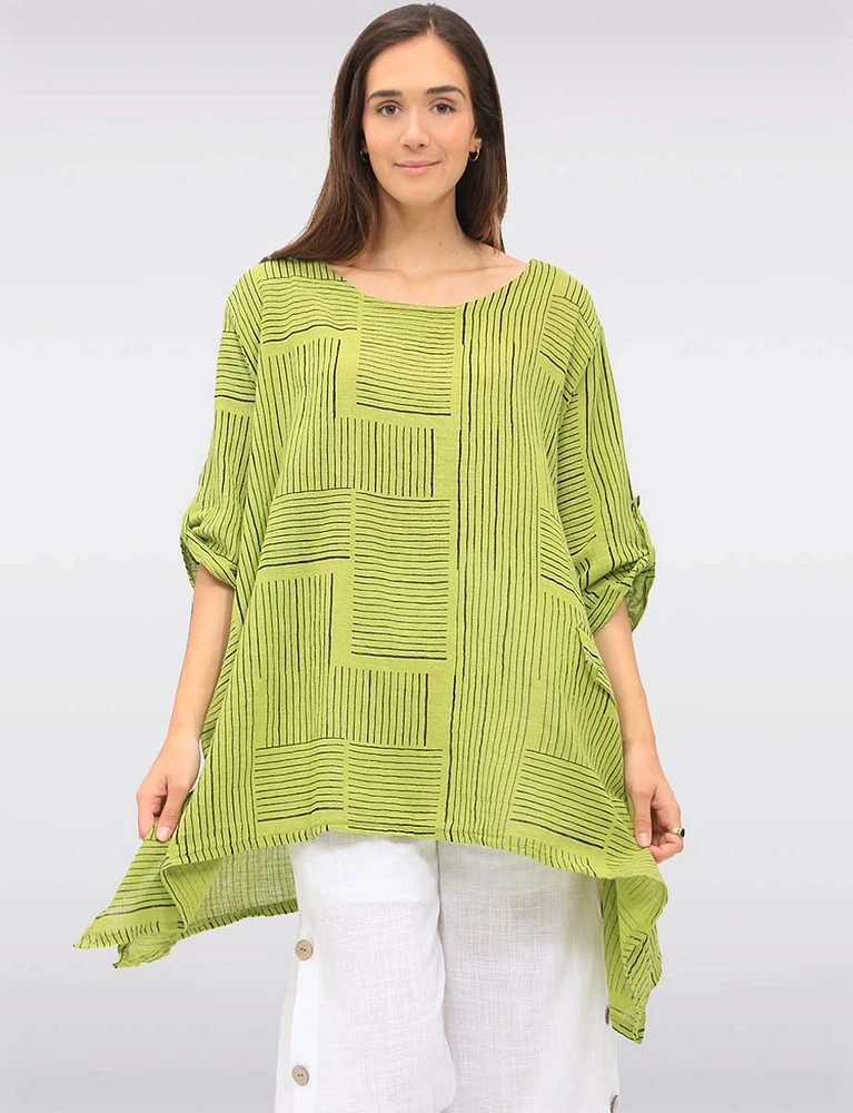 Linen-Cotton Dual-Stripe Draped-Look Tunic with Short Sleeves by Froccella