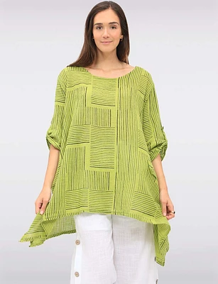 Linen-Cotton Dual-Stripe Draped-Look Tunic with Short Sleeves by Froccella