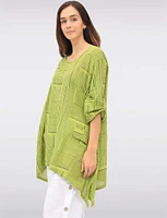 Linen-Cotton Dual-Stripe Draped-Look Tunic with Short Sleeves by Froccella