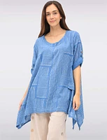 Linen-Cotton Dual-Stripe Draped-Look Tunic with Short Sleeves by Froccella