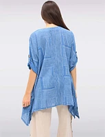 Linen-Cotton Dual-Stripe Draped-Look Tunic with Short Sleeves by Froccella