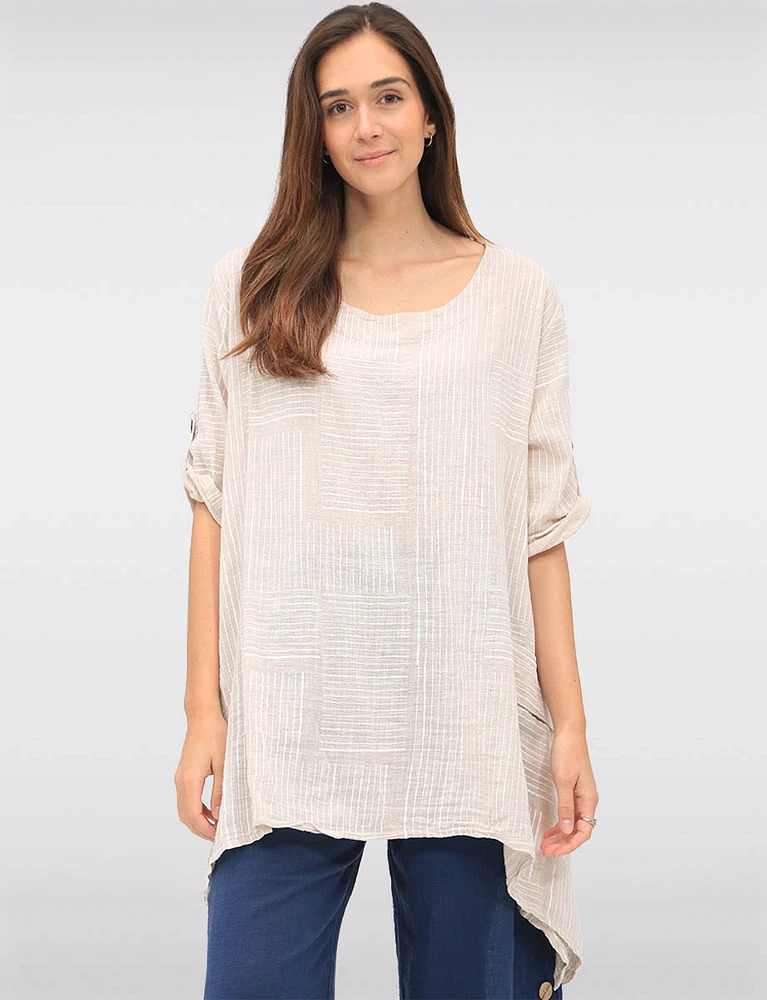 Linen-Cotton Dual-Stripe Draped-Look Tunic with Short Sleeves by Froccella
