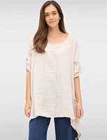 Linen-Cotton Dual-Stripe Draped-Look Tunic with Short Sleeves by Froccella