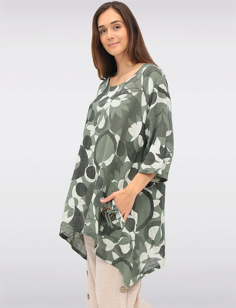 Printed Relaxed-Fit Linen-Blend Tunic with Button-Detail Pockets by Froccella