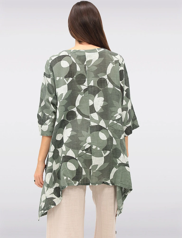 Printed Relaxed-Fit Linen-Blend Tunic with Button-Detail Pockets by Froccella