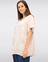 Embroidered Linen Blend Short Sleeve Button Accents Top with Pocket by Froccella