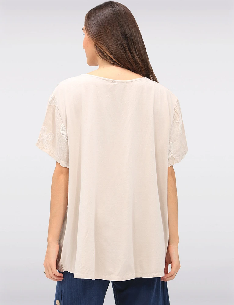 Embroidered Linen Blend Short Sleeve Button Accents Top with Pocket by Froccella