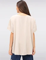 Embroidered Linen Blend Short Sleeve Button Accents Top with Pocket by Froccella
