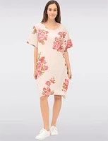 Loose-Fit Rose Print Linen Dress with Patch Pockets & Short Sleeves by Froccella