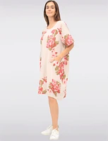 Loose-Fit Rose Print Linen Dress with Patch Pockets & Short Sleeves by Froccella