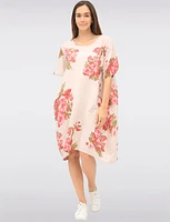 Loose-Fit Rose Print Linen Dress with Patch Pockets & Short Sleeves by Froccella