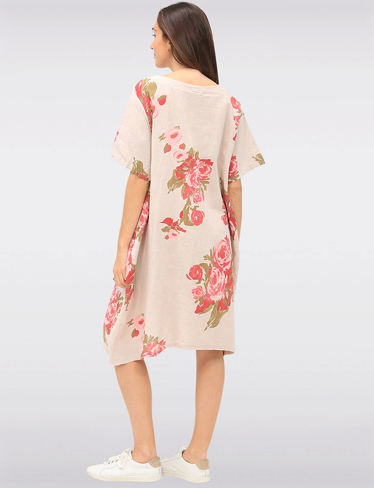 Loose-Fit Rose Print Linen Dress with Patch Pockets & Short Sleeves by Froccella