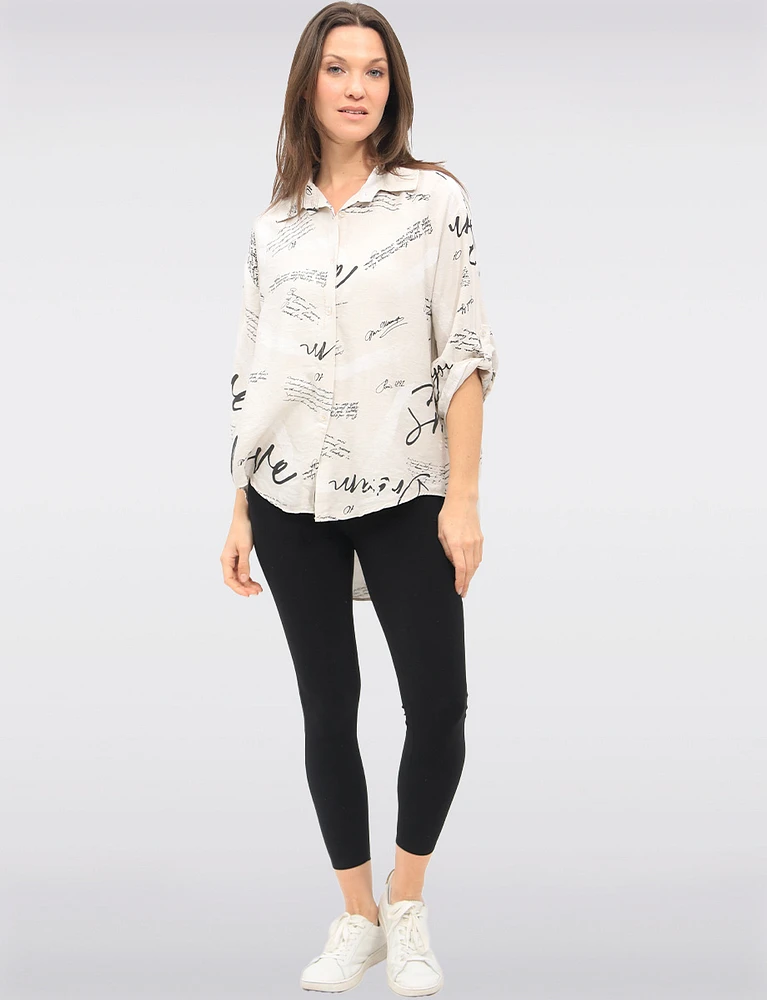 Button-Up Collared High-Low Design Handwritten Brush Print Shirt by Froccella