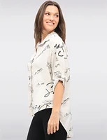 Button-Up Collared High-Low Design Handwritten Brush Print Shirt by Froccella