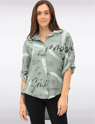 Button-Up Collared High-Low Design Handwritten Brush Print Shirt by Froccella