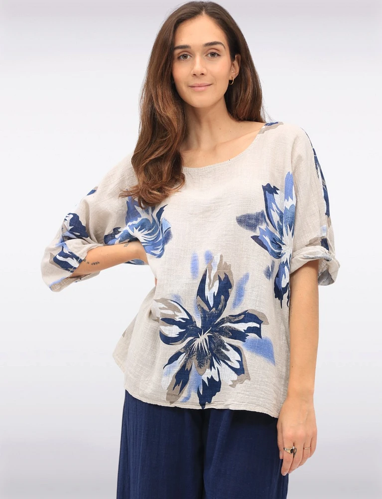 Lightweight Floral Print Cotton Short Sleeve Loose Fit Top by Froccella