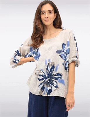 Lightweight Floral Print Cotton Short Sleeve Loose Fit Top by Froccella