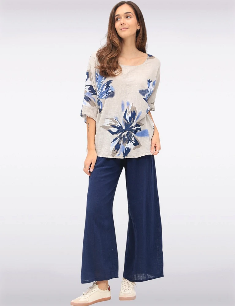 Lightweight Floral Print Cotton Short Sleeve Loose Fit Top by Froccella