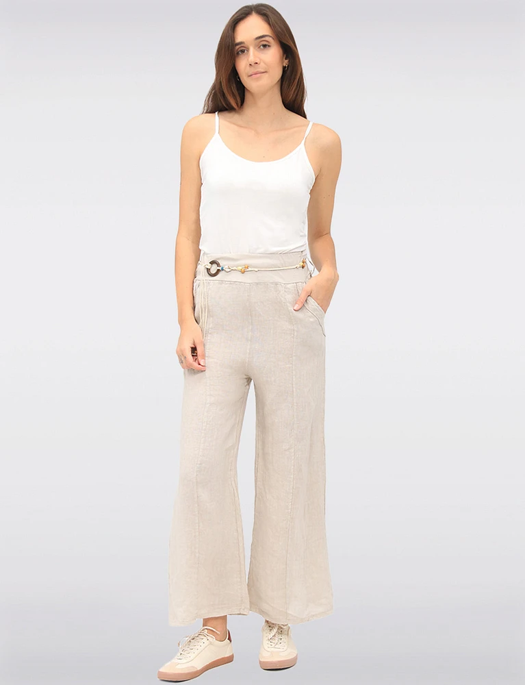 Solid Wide-Leg Relaxed Fit Linen Pants with Boho-Chic Beaded Belt by Froccella