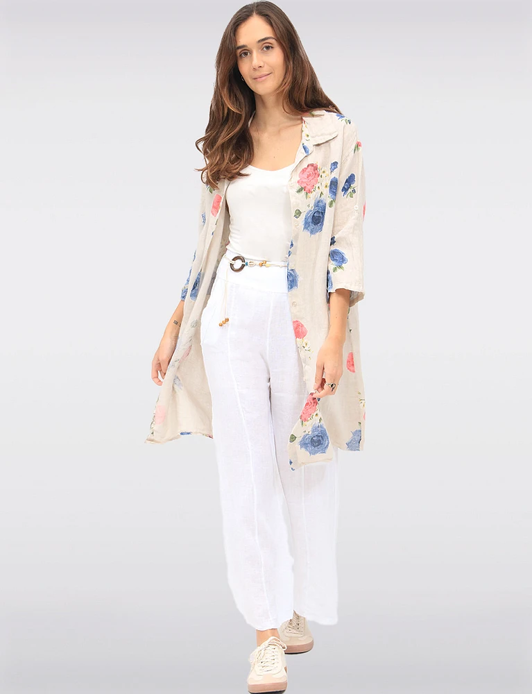 Lightweight Linen Floral Long Shirt with Button Front & 3/4 Sleeves by Froccella