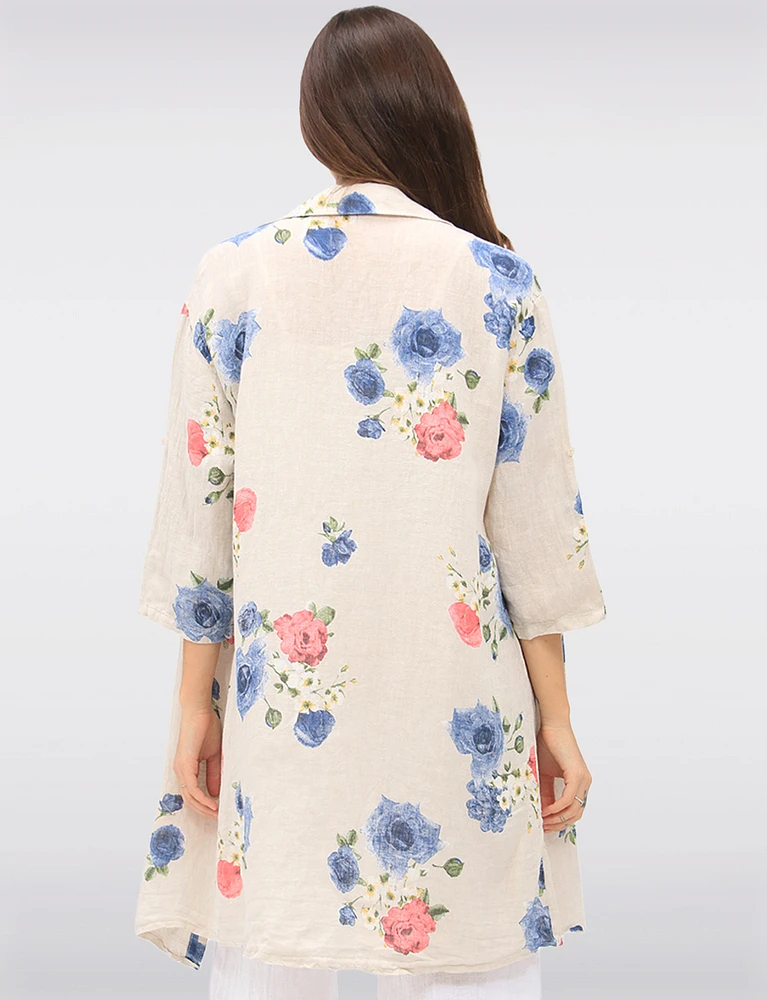 Lightweight Linen Floral Long Shirt with Button Front & 3/4 Sleeves by Froccella