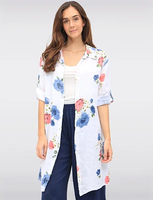 Lightweight Linen Floral Long Shirt with Button Front & 3/4 Sleeves by Froccella