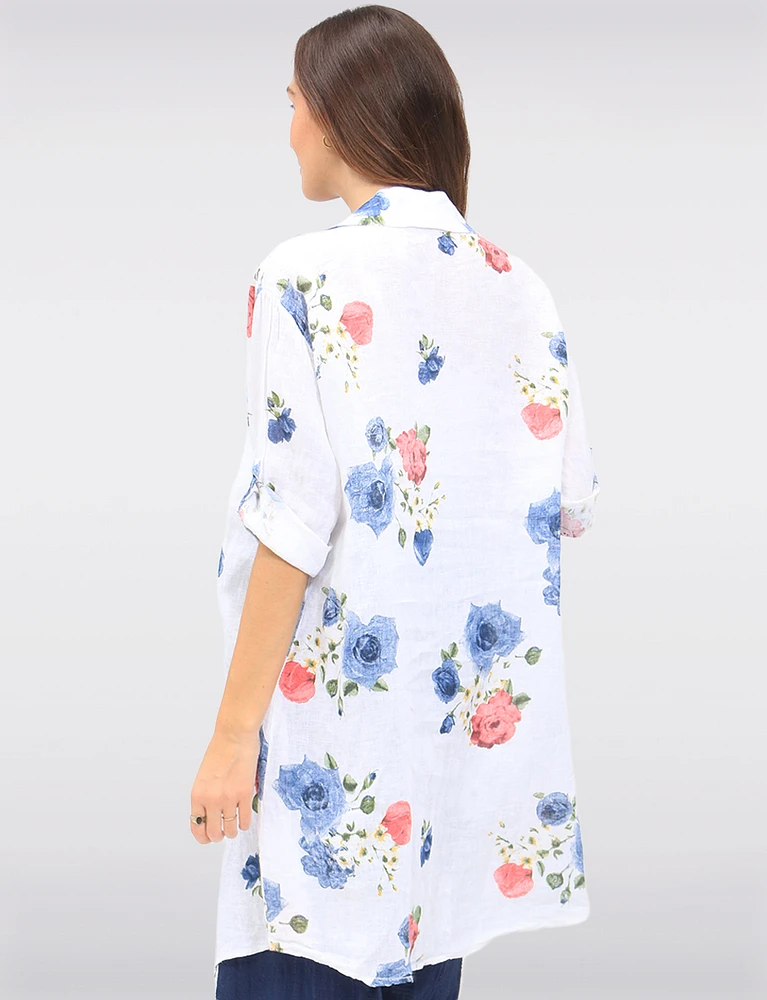 Lightweight Linen Floral Long Shirt with Button Front & 3/4 Sleeves by Froccella