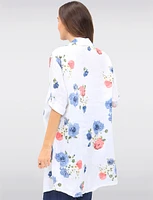 Lightweight Linen Floral Long Shirt with Button Front & 3/4 Sleeves by Froccella