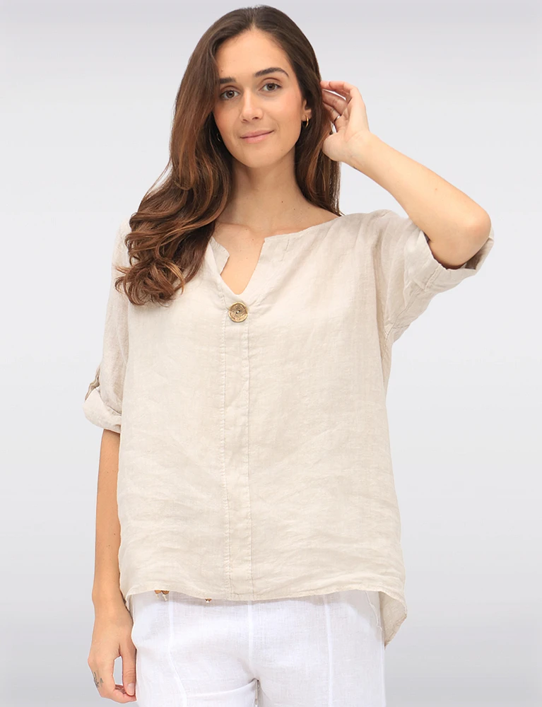 Solid Linen Relaxed Fit 3/4 Sleeve Top with Front Button Detail by Froccella