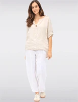 Solid Linen Relaxed Fit 3/4 Sleeve Top with Front Button Detail by Froccella