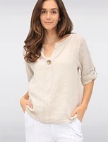Solid Linen Relaxed Fit 3/4 Sleeve Top with Front Button Detail by Froccella