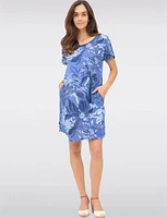 Floral Linen Short Sleeve Dress with Knit Back Trim & Pockets by Froccella