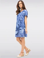 Floral Linen Short Sleeve Dress with Knit Back Trim & Pockets by Froccella