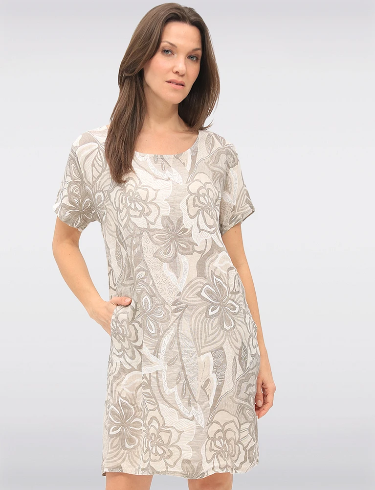 Elegant Beige Floral Linen Dress with Back Knit Details & Pockets by Froccella