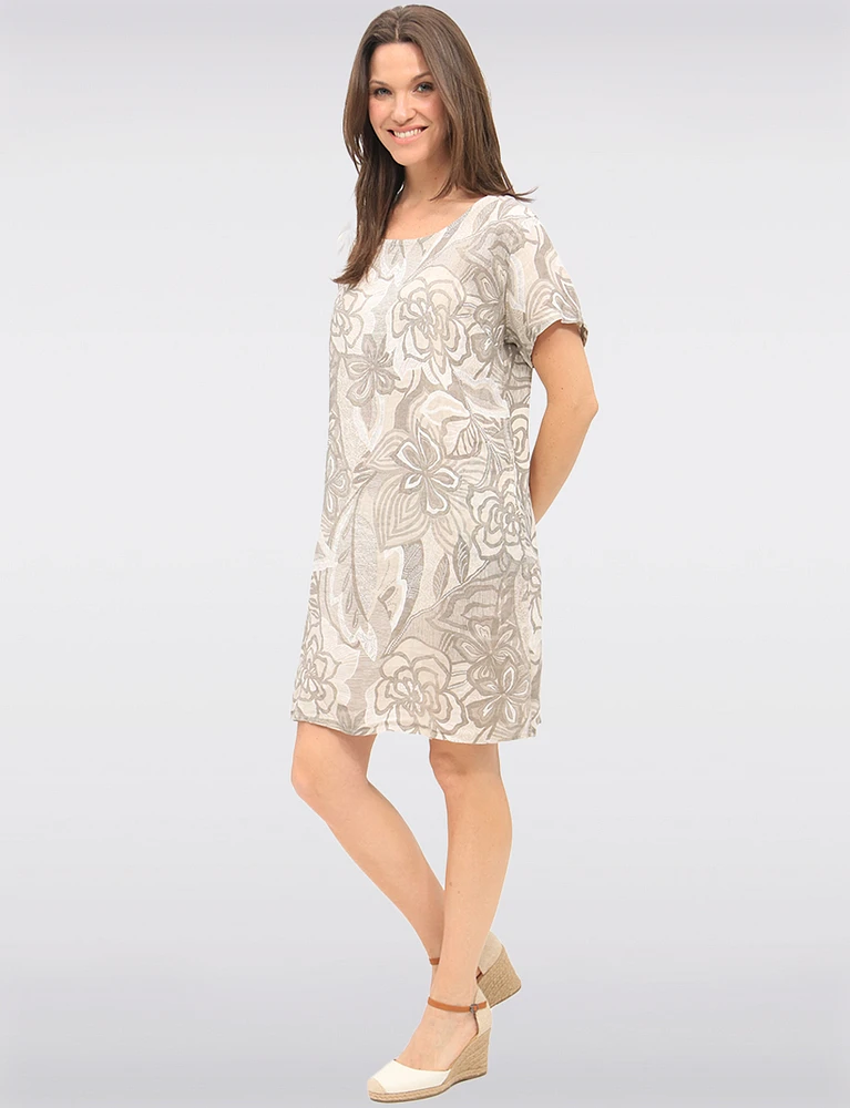 Elegant Beige Floral Linen Dress with Back Knit Details & Pockets by Froccella