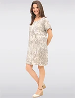 Elegant Beige Floral Linen Dress with Back Knit Details & Pockets by Froccella