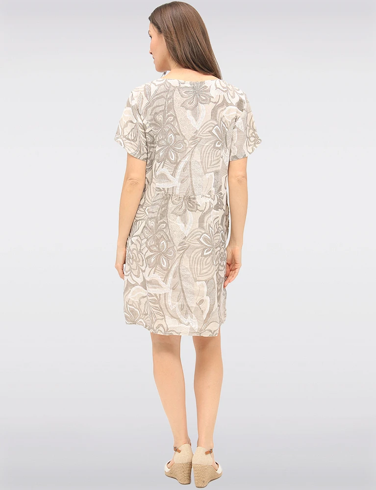 Elegant Beige Floral Linen Dress with Back Knit Details & Pockets by Froccella