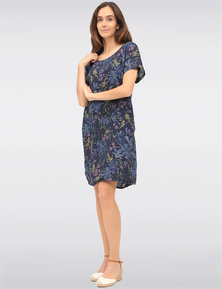 Breathable Floral Linen Dress with Back Knit Details & Pockets by Froccella