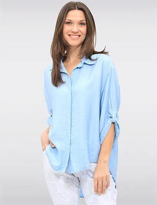 Solid Chic Button-Up Collared High-Low Design 3/4 Sleeves Shirt by Froccella