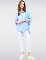Solid Chic Button-Up Collared High-Low Design 3/4 Sleeves Shirt by Froccella