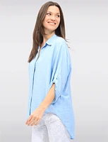 Solid Chic Button-Up Collared High-Low Design 3/4 Sleeves Shirt by Froccella