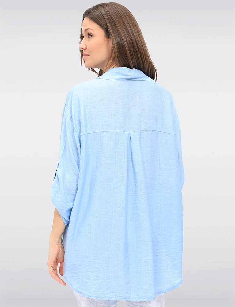 Solid Chic Button-Up Collared High-Low Design 3/4 Sleeves Shirt by Froccella