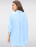 Solid Chic Button-Up Collared High-Low Design 3/4 Sleeves Shirt by Froccella