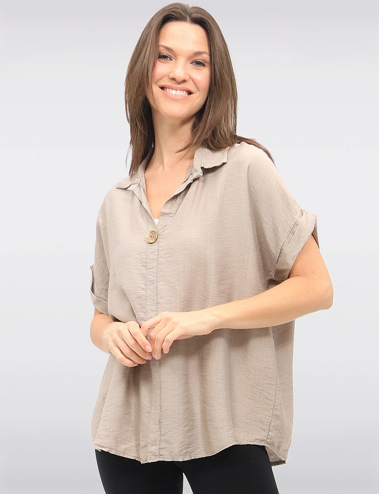 Relaxed Fit Cap Sleeve Shirt Collar Top with Front Button Detail by Froccella